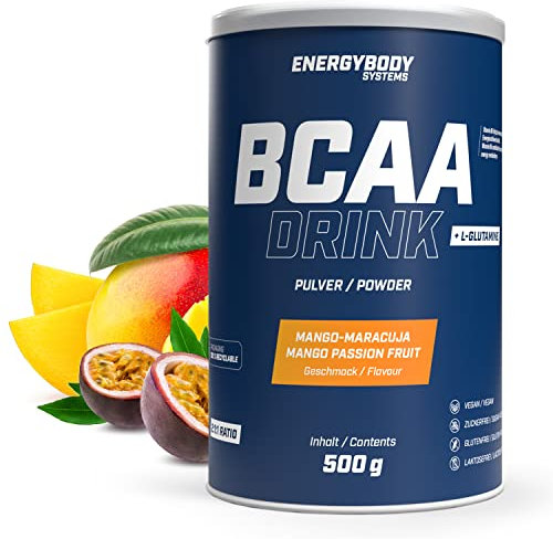 Energybody BCAA Pulver Mango-Maracuja 500g / bcaa Drink als Aminosäuren Pulver/BCAA-Powder plus L-Glutamin/BCAAs, Glutamin / 41 Portionen