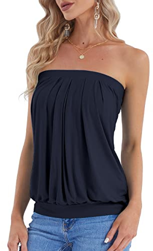 DJT FASHION Women's Tube Tops Strapless Bandeau Tank Strapless Blouse Off The Shoulder Tunic Shirts Summer Casual Navy