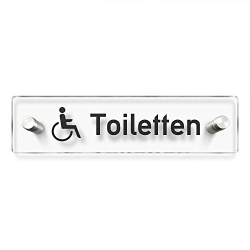 Kinekt3d Leitsysteme WC – Toilettes murales – Plaque de porte – toilettes handicapés – Chaise roulante • 200 x 50 mm. Panneau en verre acrylique transparent de 3 mm. 2 entretoises en acier inoxydable