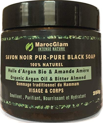 Savon Noir Marocain à l'huile d'argan BIO et l'Amandes amères, 250g,100% traditionnel Beldi. Anti-rides mondialement connu. Gommage au savon noir naturel pour une peau douce, RICHE en Vitamine E
