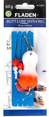 Fladen Buttlöffel-Vorfach - Butt Lure, Plattfischvorfach in Rot-Weiß, Gewichte 40g-120g, bleifrei, 50cm, Schnur 0,50mm, 2 Haken Gr. 1/0