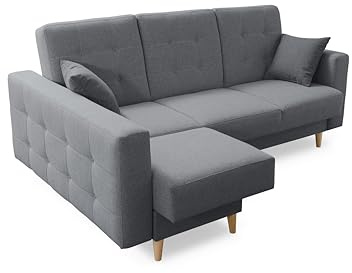 Robin Inspire Hilton Ecksofa mit Schlaffunktion Bettkasten 2 Kissen Sofa L-Form Schlafsofa Freistehende Eckcouch Schlafcouch Wohnzimmermöbel Wohnlandschaft Grau