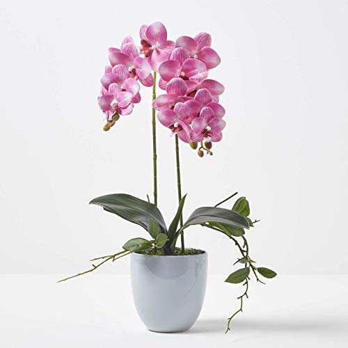HOMESCAPES Artificial Pink Orchid in Pot 54 cm Tall Lifelike Faux Orchid Plant In Grey Ceramic Pot Real Touch Silk Flowers and Green Leaves Phalaenopsis Orchid Flower for Indoor Decoration