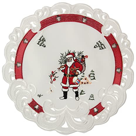 HanaQi Weihnachtsmann in Winterlandschaft Stickerei Tischdeckchen 30 cm Rund Polyester, rot-weiß