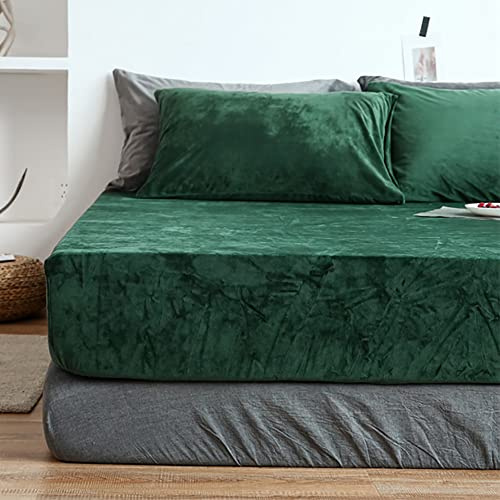 Michorinee Spannbettlaken 140x200cm Warme Fleece Spannbetttuch Dunkelgrün | Cashmere Touch, Kuschelig Flauschig Plüsch Bettlaken, Oeko-Tex zertifiziert, für Boxspringbett‑Matratze bis 30 cm Höhe