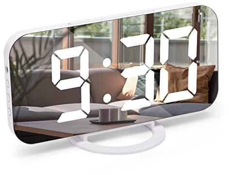 U-picks Wecker Digital, LED Digitale Uhr, 6,5 Digitaler Wecker Tischuhr mit Snooze, Verstellbare Helligkeit, Spiegelwecker Wecker 0hne Ticken für Nachttisch, Schlafzimmer,Room Dekor und Büro-Weiß