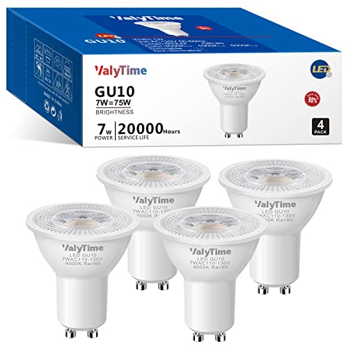 Valytime GU10 LED Light Bulbs 7W (50W -60W-75W Equivalent) GU10 Shape Halogen Replacement Bulb 38° 120V 650Lm Non-dimmable for Track Spot Lighting Indoor Recessed,Natural White 4000K, 4 Pack