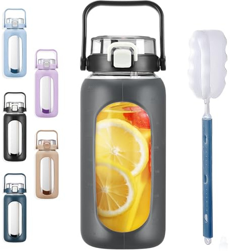 BLUEGO 2000ml Glass Water Bottles with Straw Time Marker Half Gallon Large Motivational Water Bottle with Silicone Sleeve 2 Liter Large Glass Water Jug for Gym, Sports& Workout, Daily, Dark Grey
