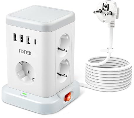 FDTEK Ciabatta Elettrica, Torretta Multipresa con 7 Prese e 3 Porte USB-A & 1 Tipo C, Ciabatta Cubo con Protezione da Sovraccarico e Interruttore, Cavo da 2m, Adatto per Casa e Ufficio, 3680W/16A