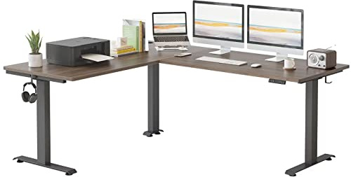 FEZIBO DREI Motoren Schreibtisch Höhenverstellbar Elektrisch, L Form Stehpult, Links und rechts austauschbar, 190 x 160 cm Stehschreibtisch eckschreibtisch, Schwarz Rahmen/Schwarz Walnuss Tischplatte
