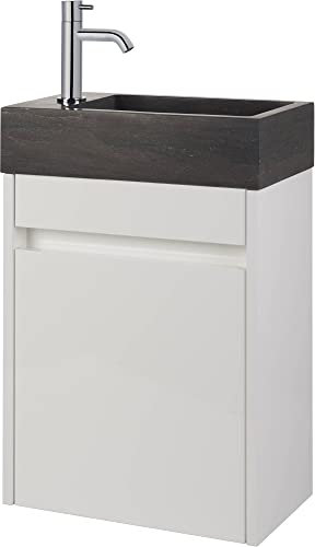 Saqu Florence Gäste WC Waschbecken mit Unterschrank Vormontiert - in glänzendem Weiß mit Naturstein-Waschbecken Links - Kleines Gäste WC Bad Möbel mit Waschtisch