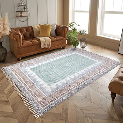 CASAVANI Handblockbedruckter Boho-Teppich, orientalisch, grün und braun, Baumwollteppich, Badezimmerteppich, leicht waschbar, flachgewebte Baumwolle, Bohemian-Teppiche für Schlafzimmer, 1,2 x 4,5 m