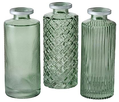 Vase im 3er Set aus Glas in Flaschenform Tischdekoration mit Relief Veredelung Für Blumen Gräser und Zweige Dekoratives Accessoires- Hellgrün Silber
