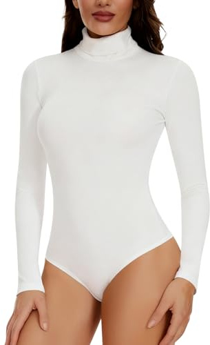 Joyshaper Damen Body Langarm Elegant Bodysuit Stehkragen Oberteil Bluse Langarmbody Langarmshirt Overalls Hemd Long Sleeve Tops Weiß,L
