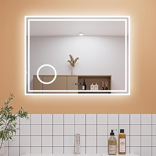 Aica Sanitär Badspiegel LED 80×60cm Schminkspiegel Uhr 3 Lichfarbe dimmbar Memory Wand/Touchschalter Anti-Beschlag Bad Spiegel Badezimmerspiegel IP44 energiesrarend
