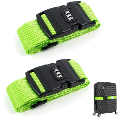 Aililong Lot de 2 sangles de valise réglables avec serrure à combinaison pour valise et sac de voyage Vert