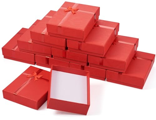Craftdady Coffrets cadeaux 12 pièces - Boîtes en carton pour bijoux avec nœud décoratif pour collier, bracelet, boucles d'oreilles - 9 x 7 cm - Rouge - Idéal pour Noël et la Saint-Valentin