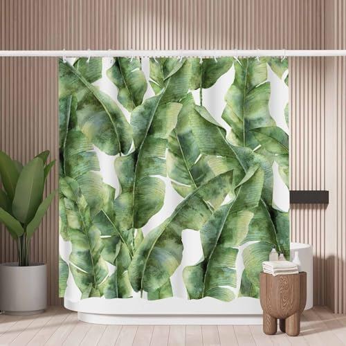 Woutay Rideau de douche résistant à la moisissure en polyester avec 12 crochets en plastique Motif feuilles de bananier Vert