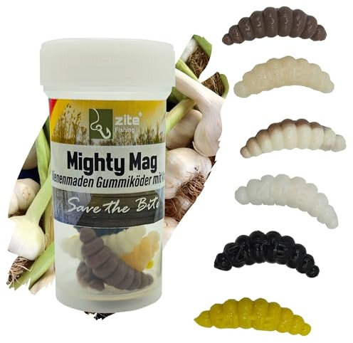 Zite Fishing Mighty Mag Nature Mix 12 STK - Bienenmaden Imitat Forellenköder 2,8cm – Gummiköder Forellen-Angeln - Phthalatfrei - Natur Knoblauch