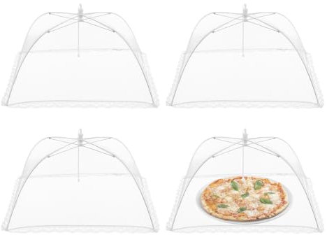 Dzmuero Cloche alimentaire anti insectes, 4 Cloche anti mouche, Cloche alimentaire pliable, Housse pliable pour cuisine et extérieur, bord en dentelle, empêche les mouches et insectes (Blanc, 32*32cm)