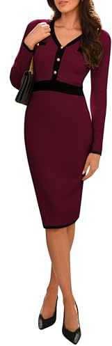 GRACE KARIN Robe Pull col en V pour Femme Robe mi-Longue à Manches Longues Robe Moulante en Tricot Pulls Rouge foncé XL