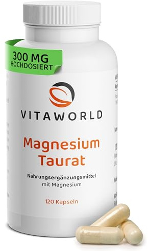 Magnesiumtaurat Kapseln – Magnesium Taurat Hochdosiert 300mg pro Tag (120 vegane Kapseln) – Ideal für Muskelfunktion & Energiestoffwechsel – ohne Zusätze, Glutenfrei & Laktosefrei – vitaworld