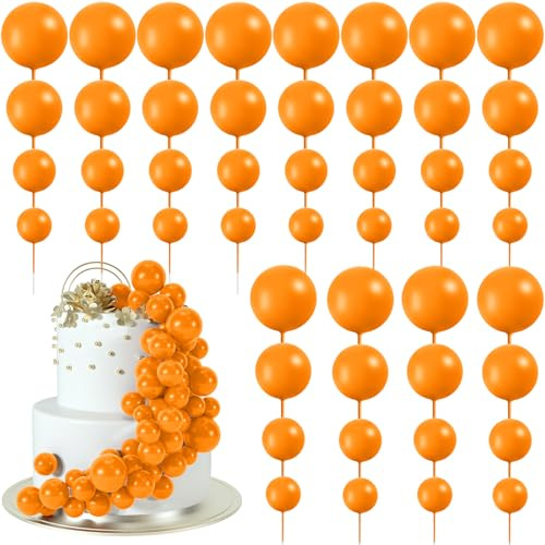 BOUBONI 48 Pcs Cake Topper Decorations Balloon Cupcake Toppers Foam Cake Topper Balls Cake Balls Decorations for Birthday Party Wedding (Orange)