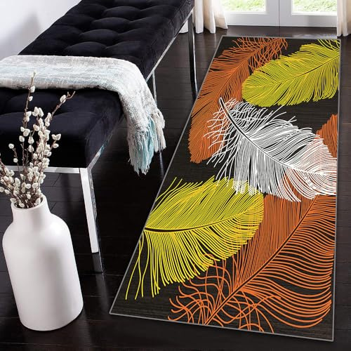 Siunwdiy Teppich Läufer Flur Küche rutschfest Waschbar 50x180cm Korridor Teppich Gelb Orange Schwarz Feder Muster Küchenläufer Lang Moderne Teppichläufer Flurteppich Küchenteppich Meterware Anpassbar