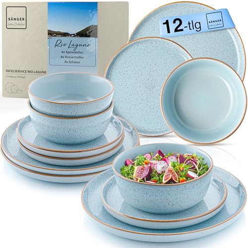 SÄNGER Rio Lagune | Tafelservice 12 teilig, Steingut Geschirr Set 4 Personen, 4x Speiseteller 4x Dessertteller 4x Schalen Geschirrset und Schale blau | VALUE COLLECTION