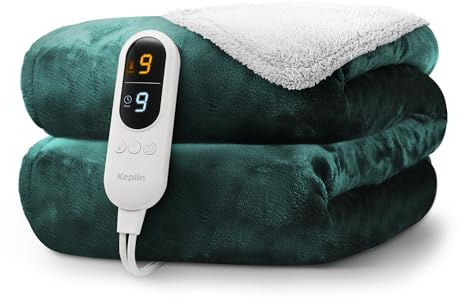 KEPLIN Large Electric Heated Throw Blanket - Blanket Throw for Bedspread - 9 Heat Settings & Timer, Machine Washable Fleece Wool Duvet|Electric Overblanket 160x130cm - Emerald Green/Cream Sherpa