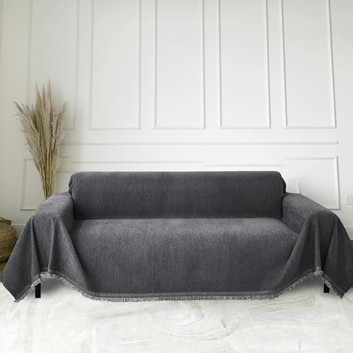FLRISNTIG Sofa-Schonbezüge, Sofaüberwurf Decke Mit Fransen, Chenille Sofa Decke, Anti-Rutsch-Sofa Abdeckung, Multifunktionsdecke, Für Zuhause,EIN Wohnzimmer Sofa, Büro (Dunkelgrau, 180X150cm)