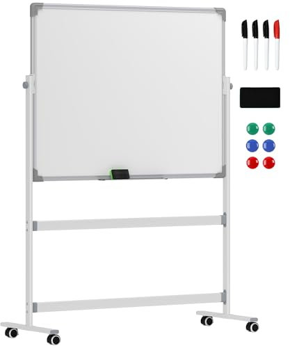 HOMCOM Doppelseitiges Magnetisches Whiteboard mit Ständer 120 x 90 cm Trocken Abwischbar Magnettafel mit Stiftablage und Alurahmen Drehbares Mobiles Magnetisch für Büro, Haus