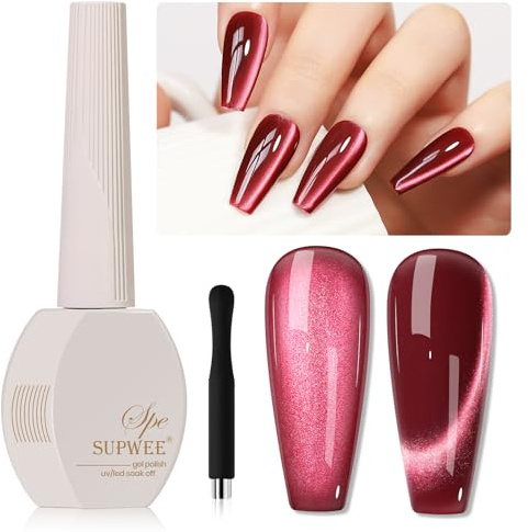 SUPWEE Cat Eye UV Gel Nagellack Blut Rot Crystal Magnetischer Katzenauge gellack Mit Magnet Burgund Glitzer Nagellack Holographisch Shimmer Gel Nail Polish Soak Off UV Led 15ML
