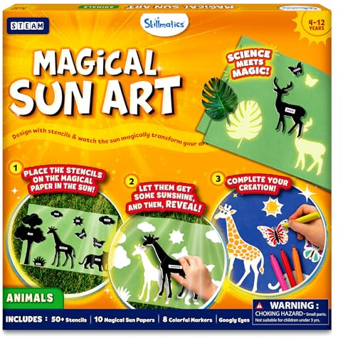 Skillmatics Sun Paper Art Kit - STEM Craft Kit for Kids with Decorative Paper, Stencils & Markers, Create with Sunlight, Mess-Free, Indoor Fun, Gifts for Ages 4, 5, 6, 7, 8, 9, 10, 11, 12