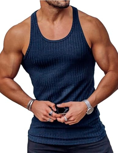 COOFANDY linne män gym muskelskjortor ärmlös sportskjorta män snabbtorkande stickade tanktops sommar, Marinblå, M