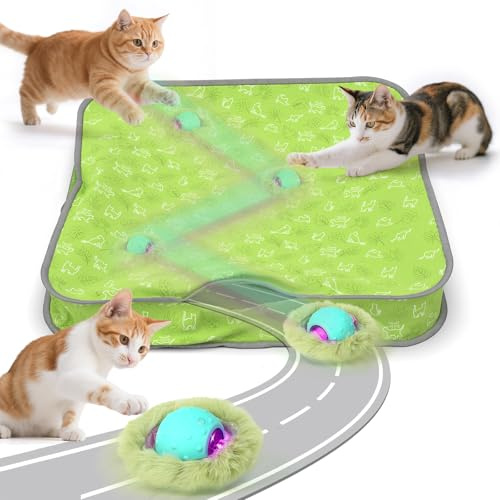 FUGODIWI Interaktives Katzenspielzeug für Indoor-Katzen - Automatischer Rollball in Spielmatte, Versteck-und-Suche mit Chirping Sound, Bewegung aktiviert, Wiederaufladbare Kätzchenspielzeug
