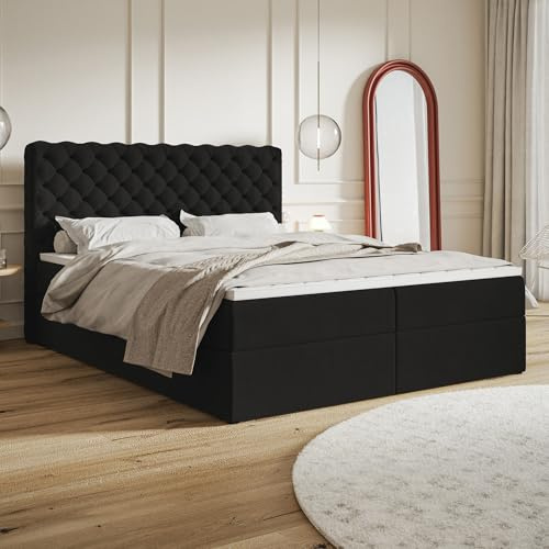 MOTIVENA Nero Chesterfield Boxspringbett 180x200 mit Bettkasten und Topper, Polsterbett 180x200 mit Bettkasten, Bonell-Matratze (H4), Visco Topper (H2), Samt, Schwarz