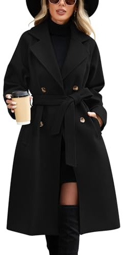 CMTOP Cappotto Donna Lungo Elegante Classico Doppiopetto Trench, Antivento Giacca a Maniche Lunghe Primaverile Autunno Inverno Cappotti Windbreaker con Tasche e Cintura(Nero,L)