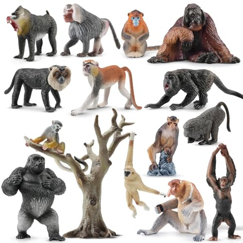 TOYMANY Lot de 15 figurines d'animaux de la jungle et de singes réalistes, orang-outan, avec gorille, chimpanzé, jouet éducatif, cadeau d'anniversaire de Noël pour enfants