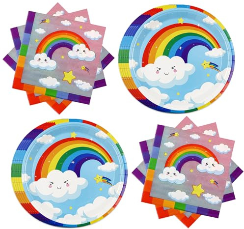 UV STYLISH Lot de 40 vaisselle de fête arc-en-ciel - 20 assiettes en carton et 20 serviettes - Vaisselle de fête d'anniversaire pour enfants, bébés, garçons et filles