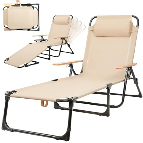 T-ZBDZ Sonnenliege Klappbar 4-Verstellbarer Rückenlehne Gartenliege Liegestuhl, Leicht Strandliege Liege inkl. Kopfkissen & Getränkehalter, bis 150 kg für Balkon Garten Pool Terrasse, Beige