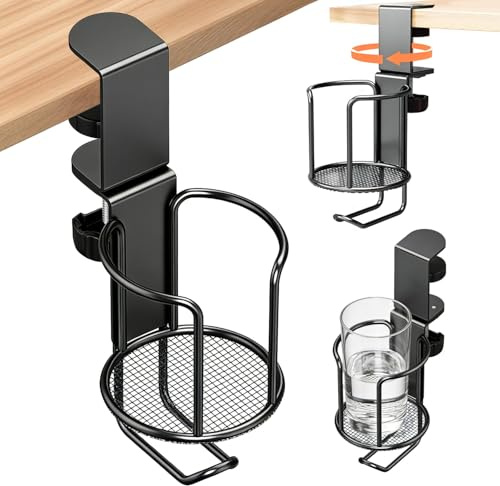1 Stück Becherhalter 360° Drehbar Bohrfrei Verstellbar für Schreibtische | Tassenregal, Getränkehalter Schreibtisch,, Schwarz, Büro, Gaming Schreibtisch, Aufbewahrungslösung