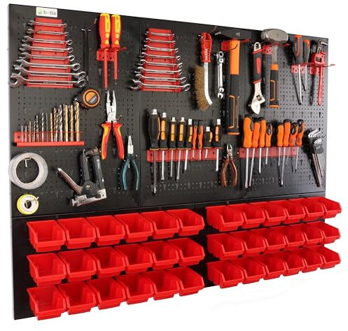 botle Panneau à outils mural perforé en métal, boîtes empilables + étagère murale + porte-outils, lot de 63 pièces, pour petites pièces, atelier mural avec 36 récipients empilables rouges