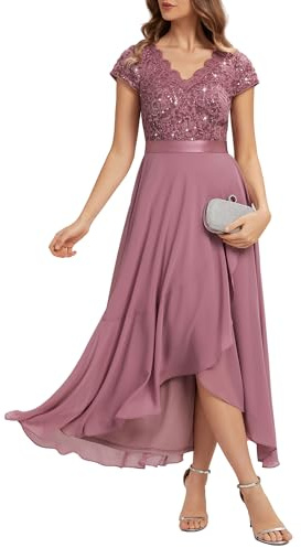 Ever-Pretty Women's Lace Chiffon Wedding Guest Dress Sequin V-Neck High-Low Midi Gown for Prom Bridesmaid 02644