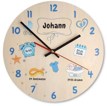 Personalisierte Wanduhr Baby Geburt Geschenk mit Name & Geburtsdaten Kinderzimmer Uhr Holz Geschenk Taufe Junge