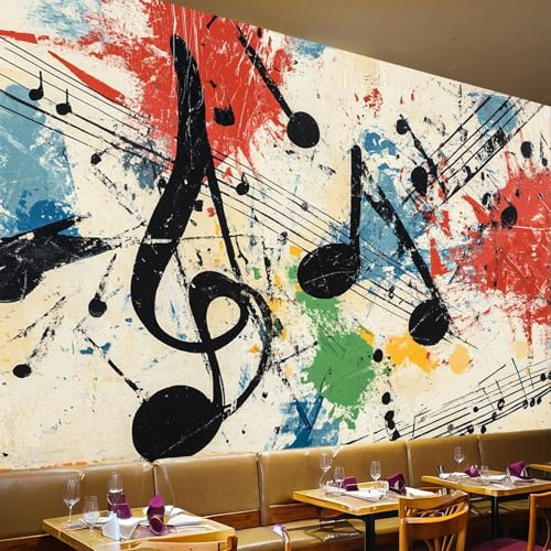 Fotomurales Notas musicales y pentagramas 400 x 280 cm papel pintado no tejido decoración pared negro moderna salón dormitorio habitación infantil