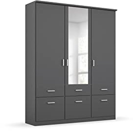 Rauch Möbel Bremen Schrank Drehtürenschrank Kleiderschrank in Grau Metallic, Schwarz, Spiegel und 6 Schubladen 3-türig, mit Zubehörpaket Basic 2 Kleiderstangen, 2 Einlegeböden BxHxT 136 x 199 x 58 cm