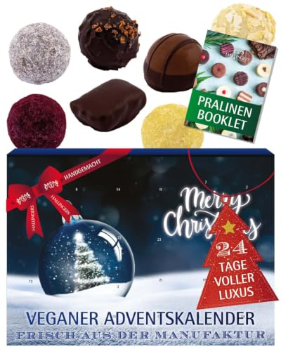 Hallingers Genuss Manufaktur Vegane Pralinen Adventskalender - mit & ohne Alkohol, handmade aus Confiserie-Edelkakao in wertigem Softfeel-Karton Weihnachtskugeln, Weihnachtskalender für Frauen