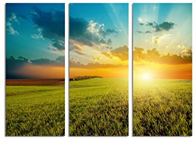 Paul Sinus Art 130x90cm – Keilrahmenbild grünes Feld heller Sonnenaufgang Licht 3teiliges Wandbild auf Leinwand und Keilrahmen - Fotobild Kunstdruck Artprint