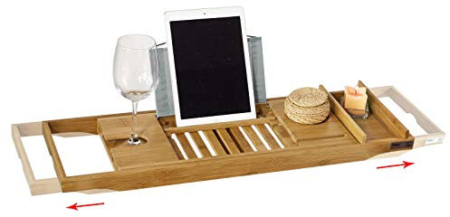 SoBuy® FRG207-N Badewannenablage aus Bambus Badewannenbrett mit Buchstütze, Wein Glashalter und Seifenfach, ausziehbares Badewannenauflage BHT ca: (70-104cm) x4x22cm